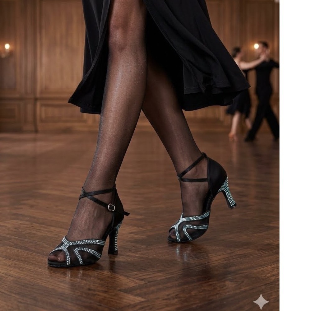 TT Dancewear Womens Black Satin Rhinestone Ballroom Latin Salsa Dance Heels 8